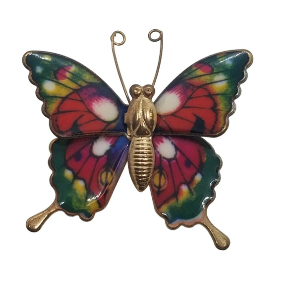 VINTAGE GOLDTONED BUTTERFLY PIN WITH MULTICOLORED WINGS - Picture 1 of 3
